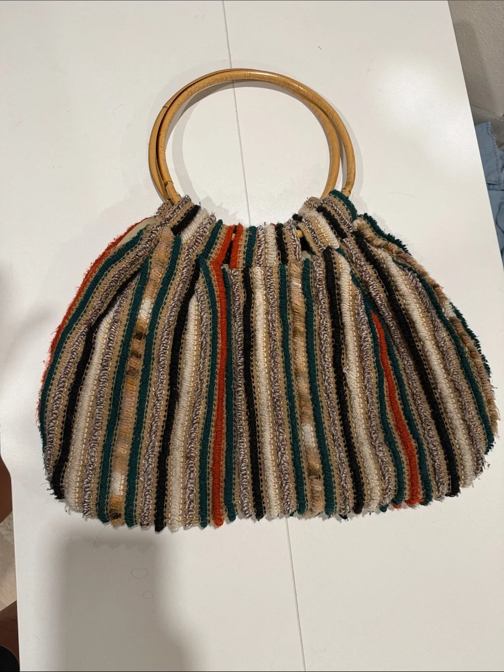 Woven Multicolor Stripe Handbag with Wood Handles